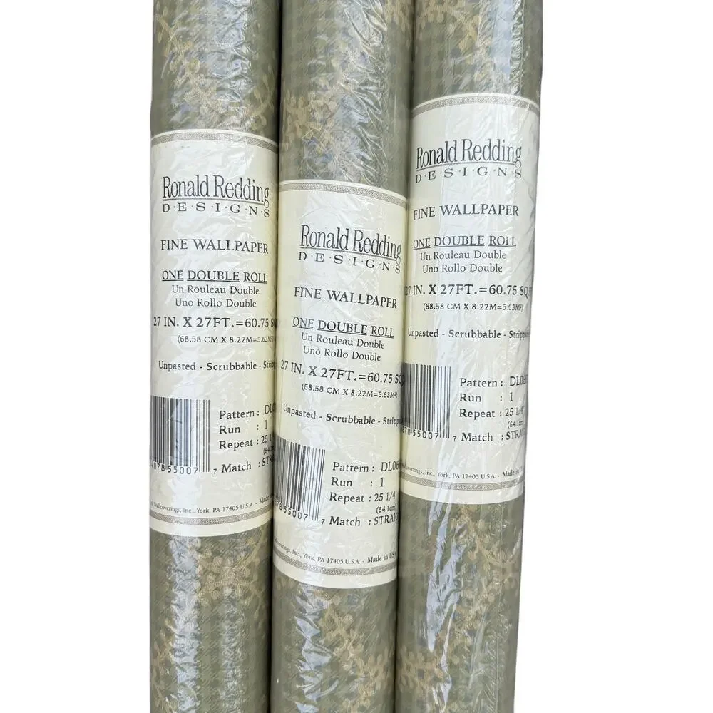 Ronald Redding Wallpaper Plaid Vines Farmhouse Green Gold DL0683 One Roll NEW